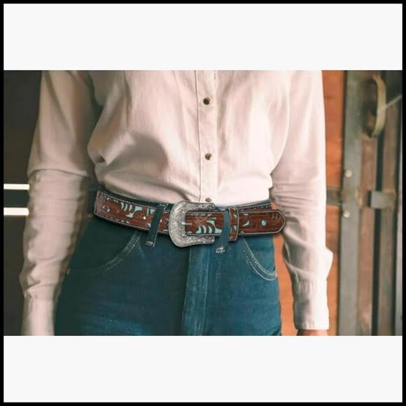 Faux Leather Rhinestone Western Belt with Turquoise Carved Pattern main image 7